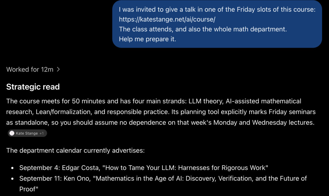 The prompt, then ChatGPT's reply: Worked for 12m, Strategic read, and the department calendar listing the speaker's own talk