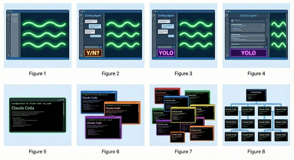 The 8 Stages of Dev Evolution To AI: eight panels from code completion in an editor to an orchestrator managing many agents